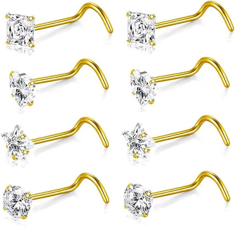 SEEDRILL 8Pcs 20G Nose Rings studs for Woman Hypoallergenic Nose Studs 316L Surgical Steel with Gold Plated Nose Piercings Jewelry 3mm CZ L Shape Nose Rings 20 Gauge Nose Stud Nose Screw Studs - Image 1
